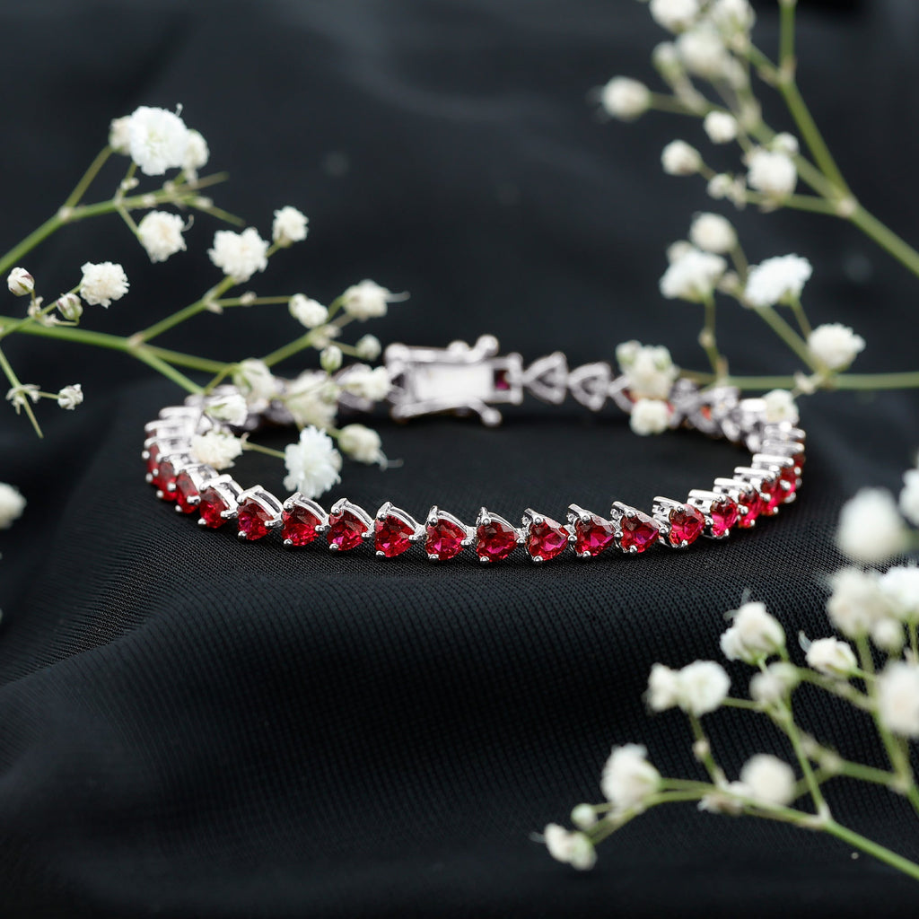 Lab Grown Ruby Bracelet – Heart Shape Tennis Band with AAAA Quality Rubies