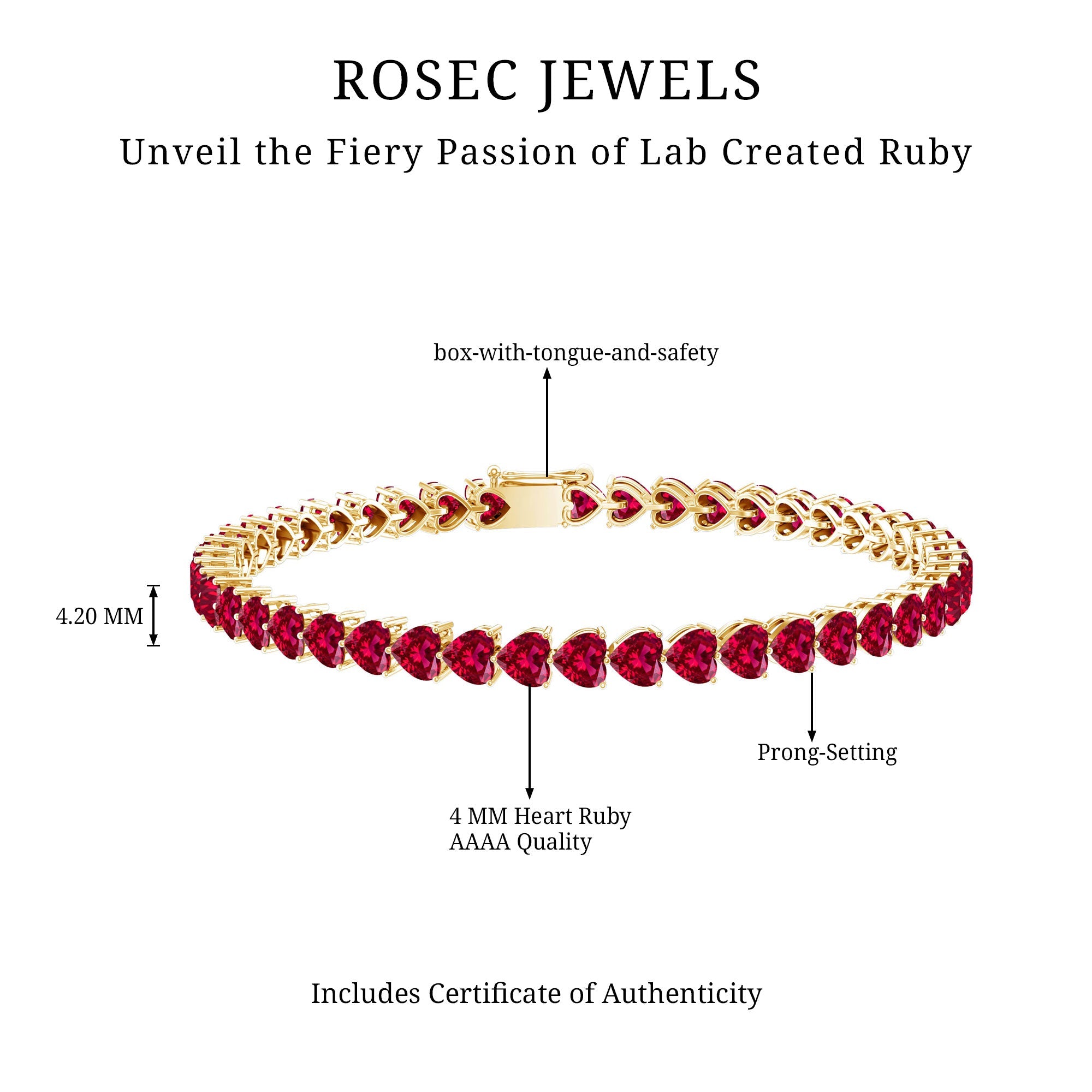 Lab Grown Ruby Bracelet – Heart Shape Tennis Band with AAAA Quality Rubies