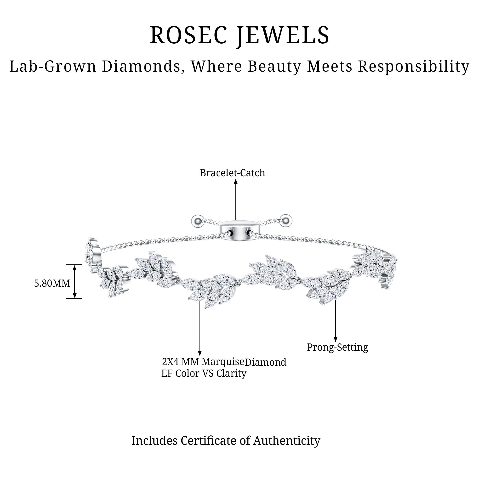 Lab Grown Diamond Bracelet – Adjustable Bolo Leaf Design With Marquise Cut