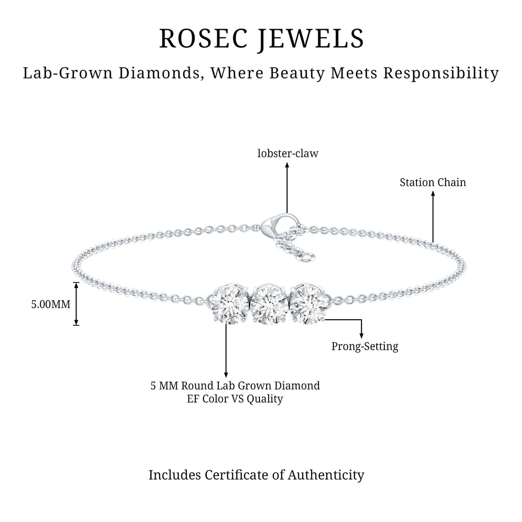 Lab Grown Diamond Bracelet – Three Stone 5 MM Round Diamonds in Prong Setting