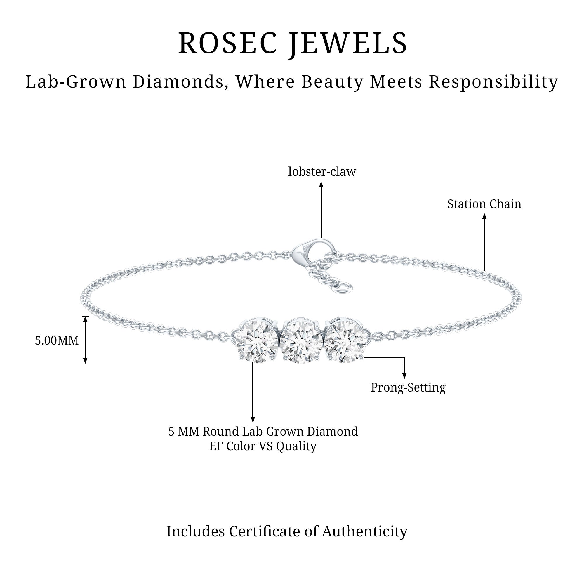 Lab Grown Diamond Bracelet – Three Stone 5 MM Round Diamonds in Prong Setting