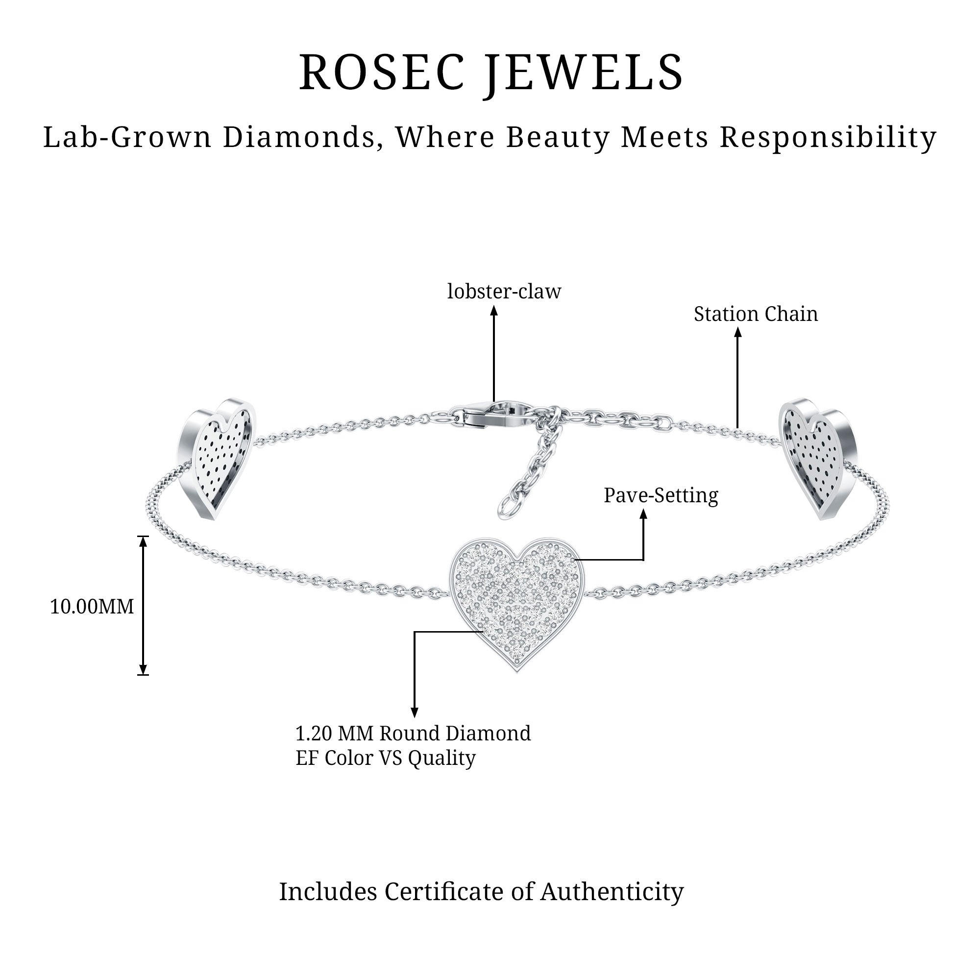 Lab Grown Diamond Bracelet – Pave Heart Motif Sparkling Jewelry for Women