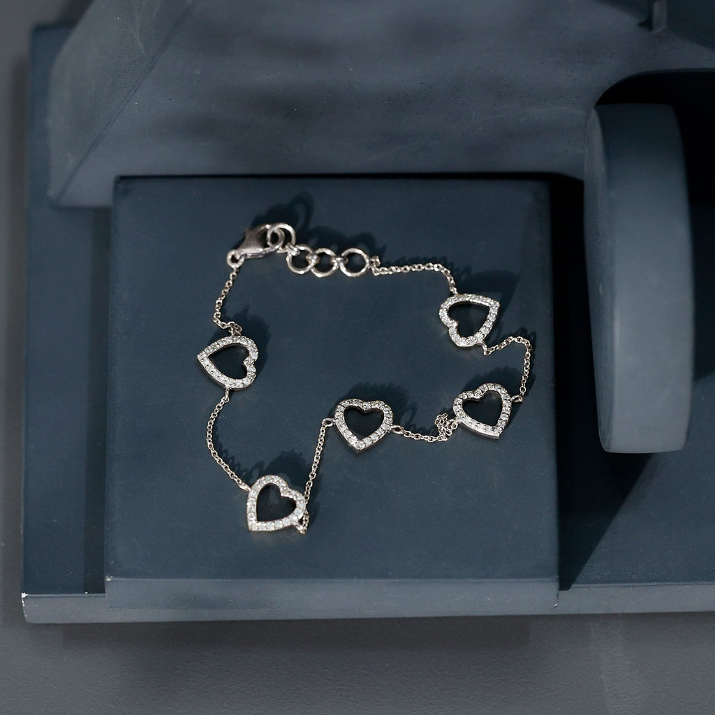 Diamond Heart Bracelet - Certified Prong Setting Chain With Round Brilliant Diamonds