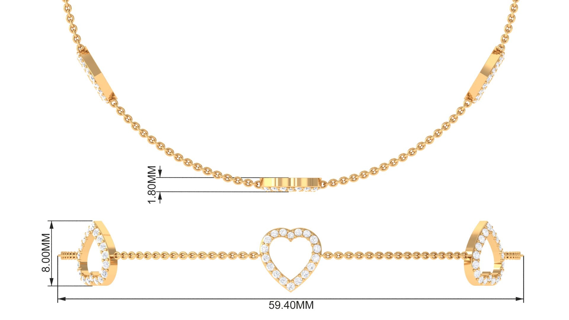 Diamond Heart Bracelet - Certified Prong Setting Chain With Round Brilliant Diamonds