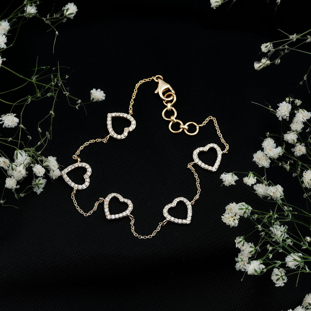 Diamond Heart Bracelet - Certified Prong Setting Chain With Round Brilliant Diamonds