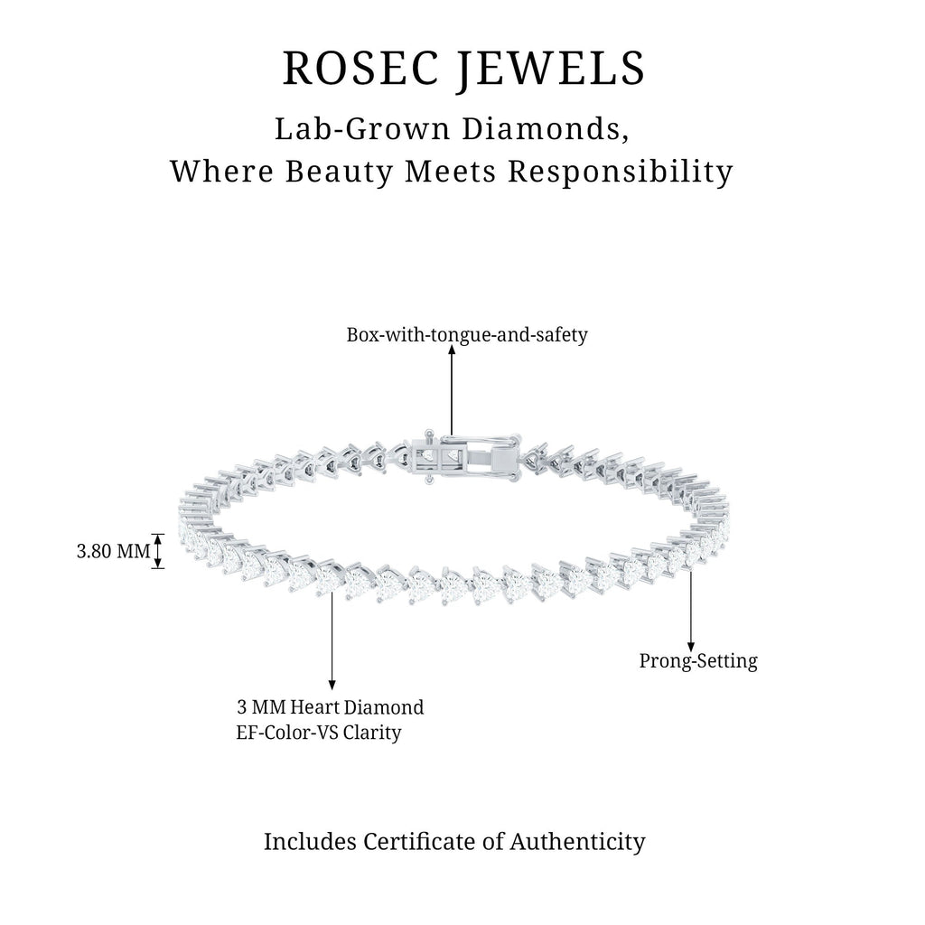 Lab Grown Diamond Bracelet – Heart Tennis Bracelet with 3 Prong Setting | Rosec Jewels