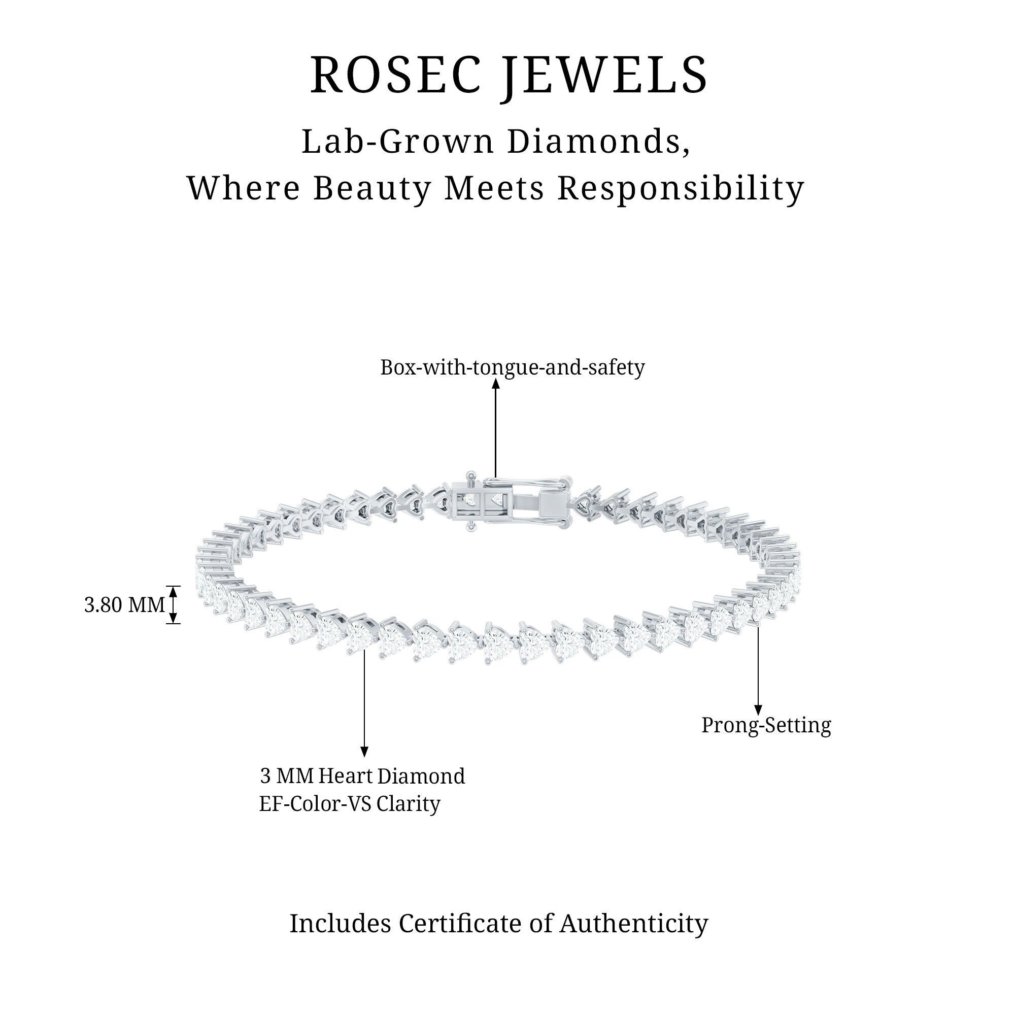Lab Grown Diamond Bracelet – Heart Tennis Bracelet with 3 Prong Setting | Rosec Jewels