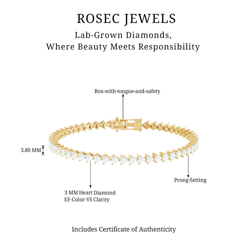 Lab Grown Diamond Bracelet – Heart Tennis Bracelet with 3 Prong Setting | Rosec Jewels
