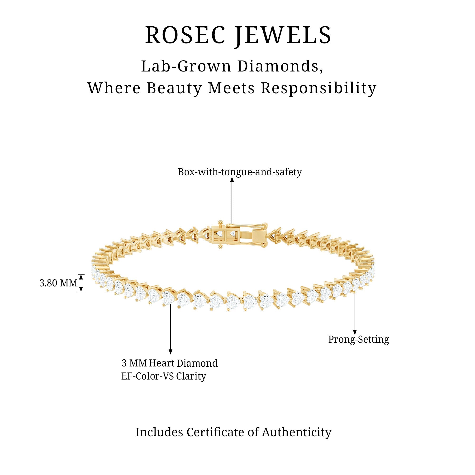 Lab Grown Diamond Bracelet – Heart Tennis Bracelet with 3 Prong Setting | Rosec Jewels