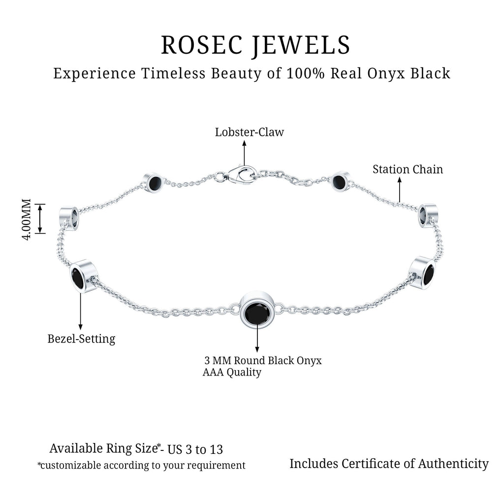 Black Onyx Bracelet - Bezel Set Seven Stone Station Chain, Elegant Wrist Jewelry