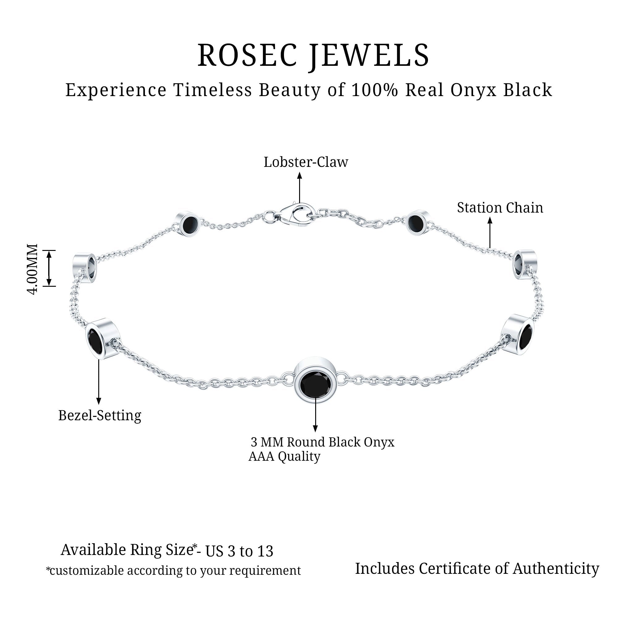 Black Onyx Bracelet - Bezel Set Seven Stone Station Chain, Elegant Wrist Jewelry