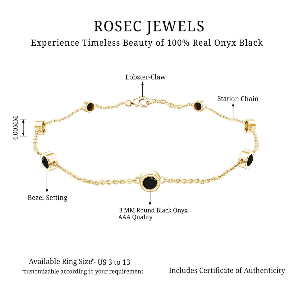 Black Onyx Bracelet - Bezel Set Seven Stone Station Chain, Elegant Wrist Jewelry