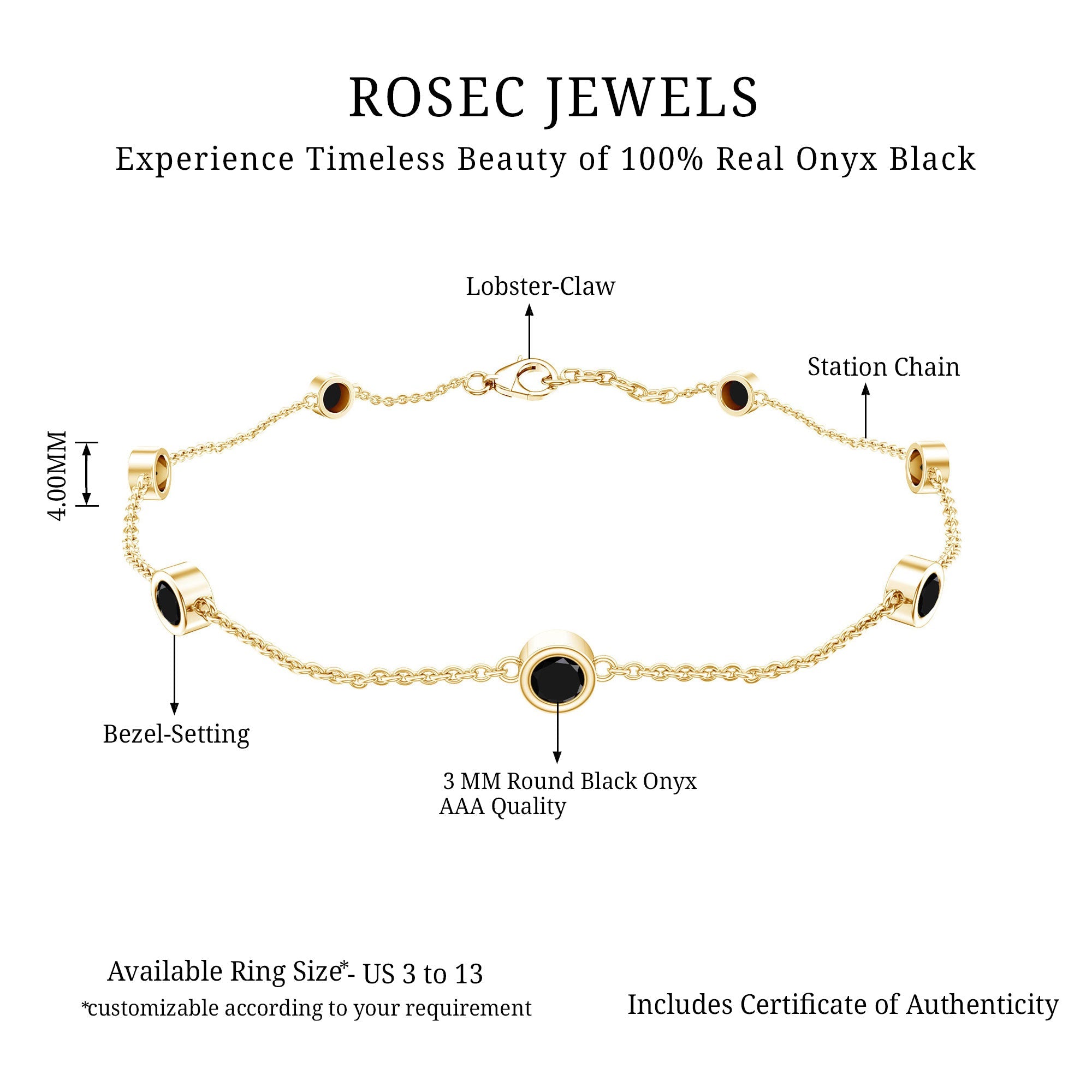 Black Onyx Bracelet - Bezel Set Seven Stone Station Chain, Elegant Wrist Jewelry