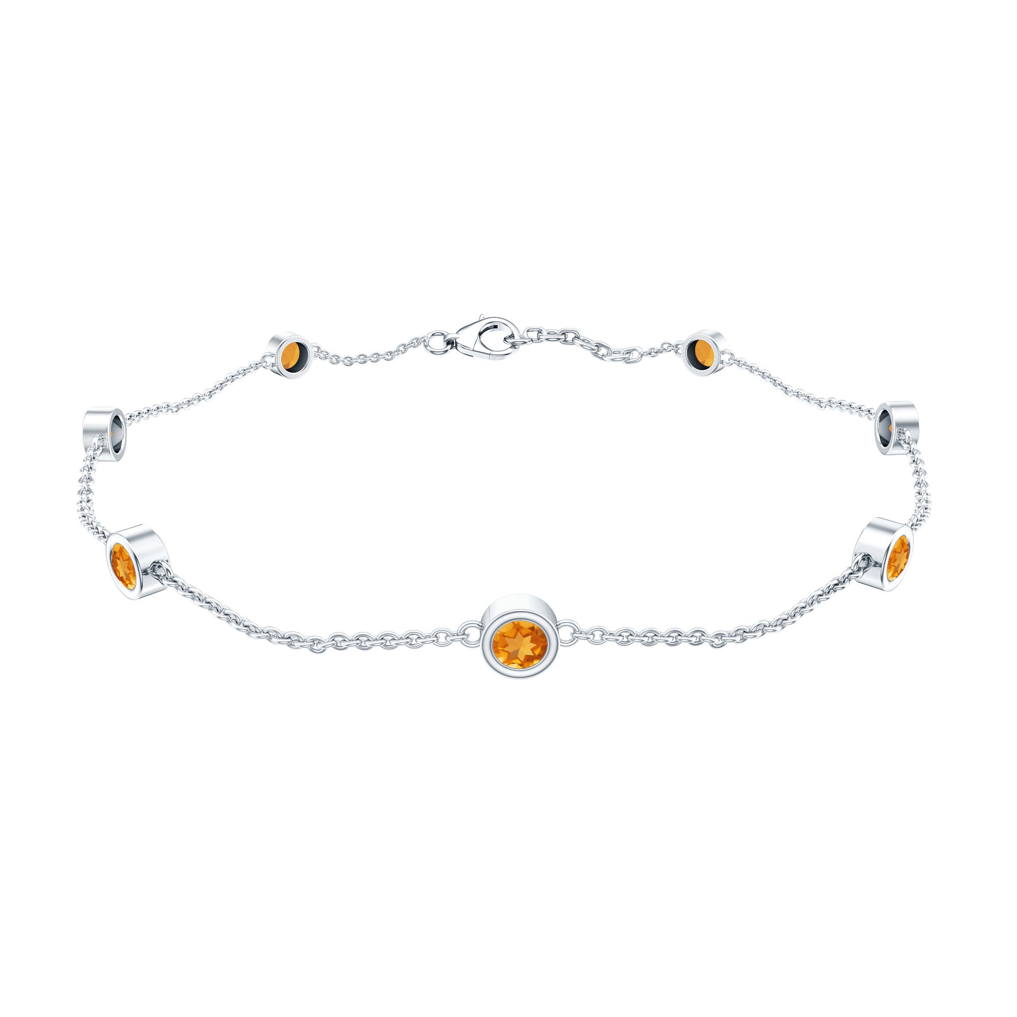 A silver bracelet with small orange gemstones attached to it.