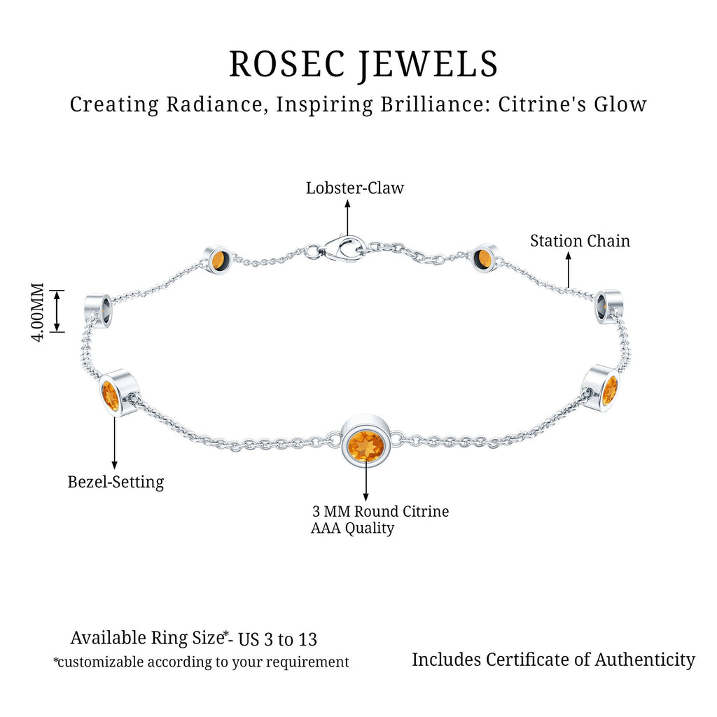 The image is a detailed illustration of a bracelet with various components, including a lobster claw, a station chain, and a bezel-setting. The bracelet is available in sizes ranging from US 3 to 13, and it includes a certificate of authenticity.