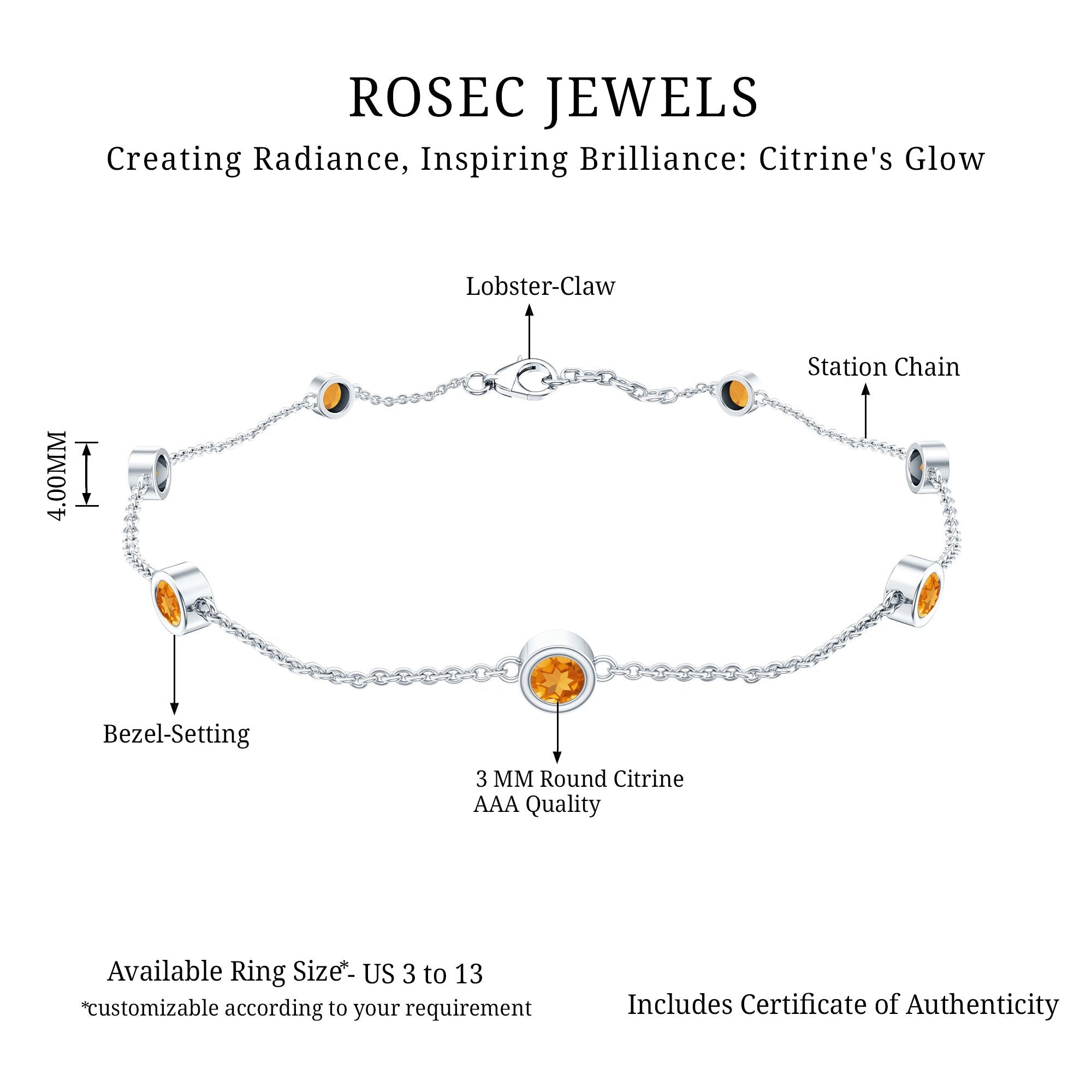 The image is a detailed illustration of a bracelet with various components, including a lobster claw, a station chain, and a bezel-setting. The bracelet is available in sizes ranging from US 3 to 13, and it includes a certificate of authenticity.