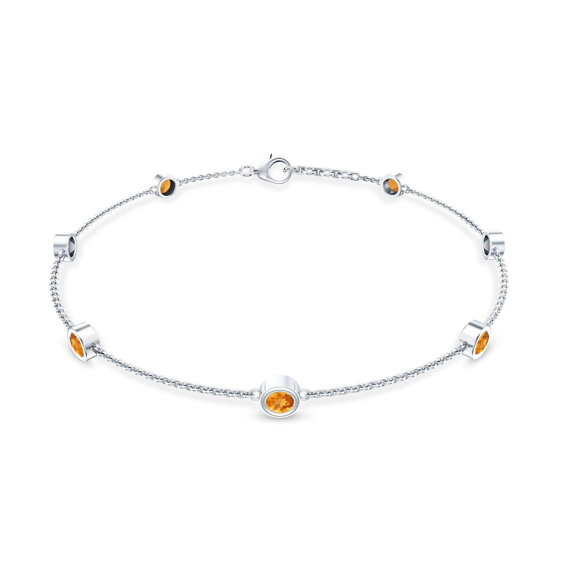 A silver bracelet with small orange gemstones on a white background.