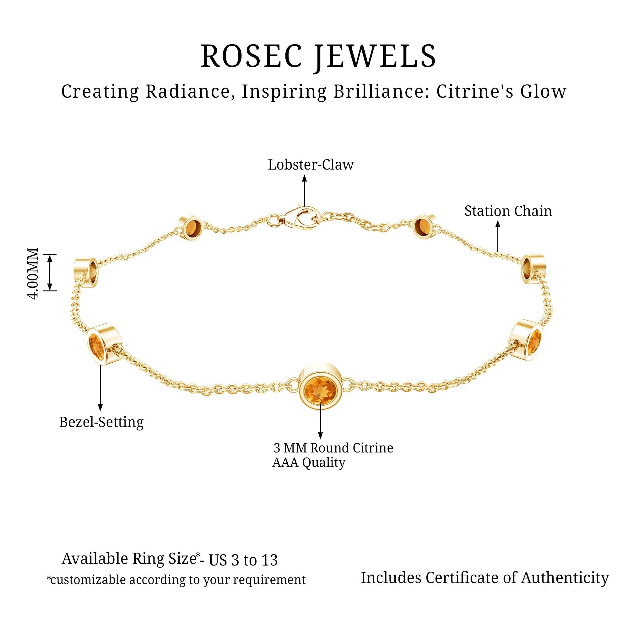 The image is a detailed illustration of a rose gold bracelet with various gemstone elements, including a lobster claw, station chain, and bezel-setting. The bracelet is available in sizes ranging from US 3 to 13, and it includes a certificate of authenticity.