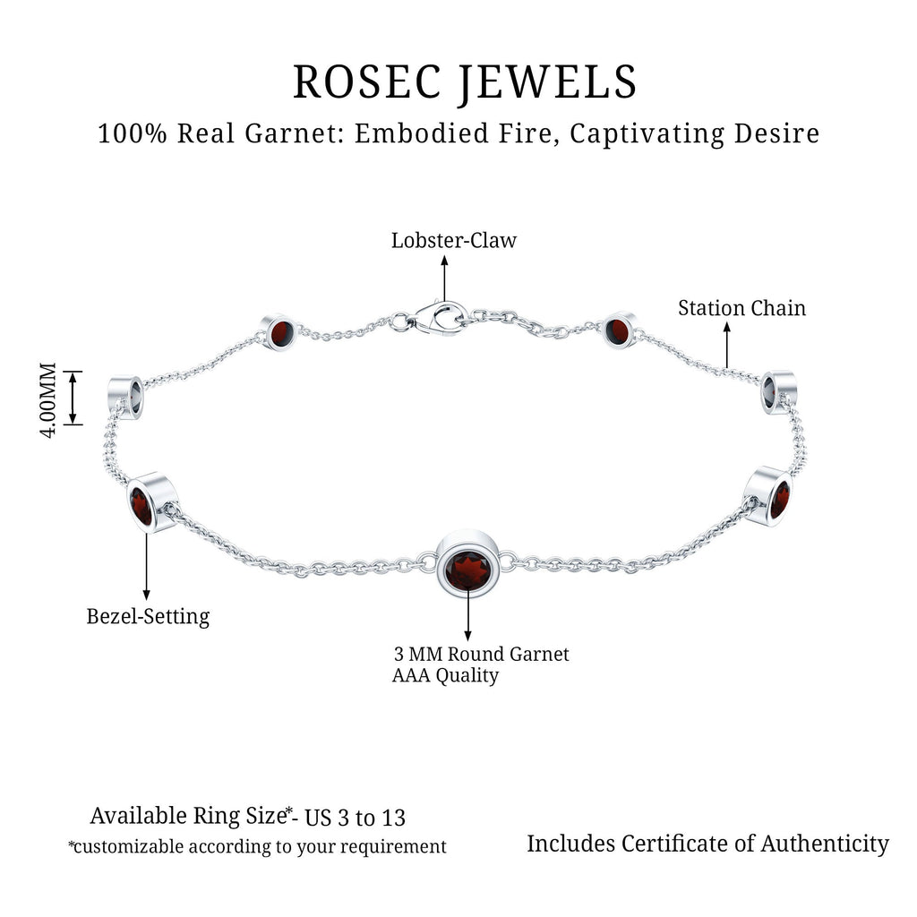 Garnet Station Bracelet - Bezel Set Seven Stone Minimalist Chain Jewelry Gift