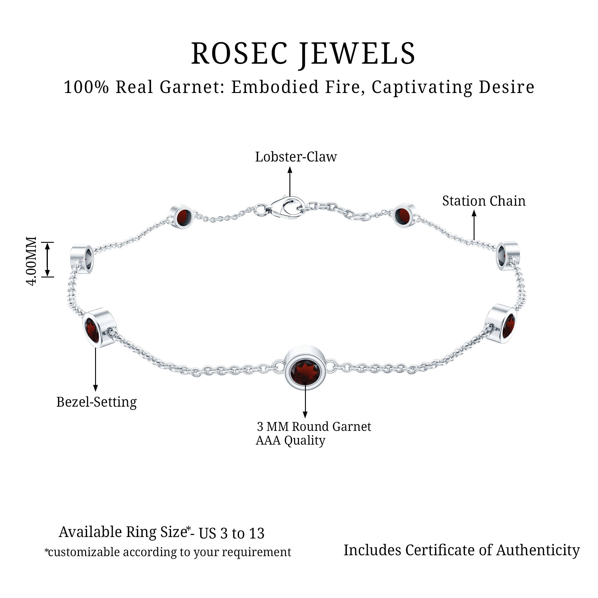 Garnet Station Bracelet - Bezel Set Seven Stone Minimalist Chain Jewelry Gift