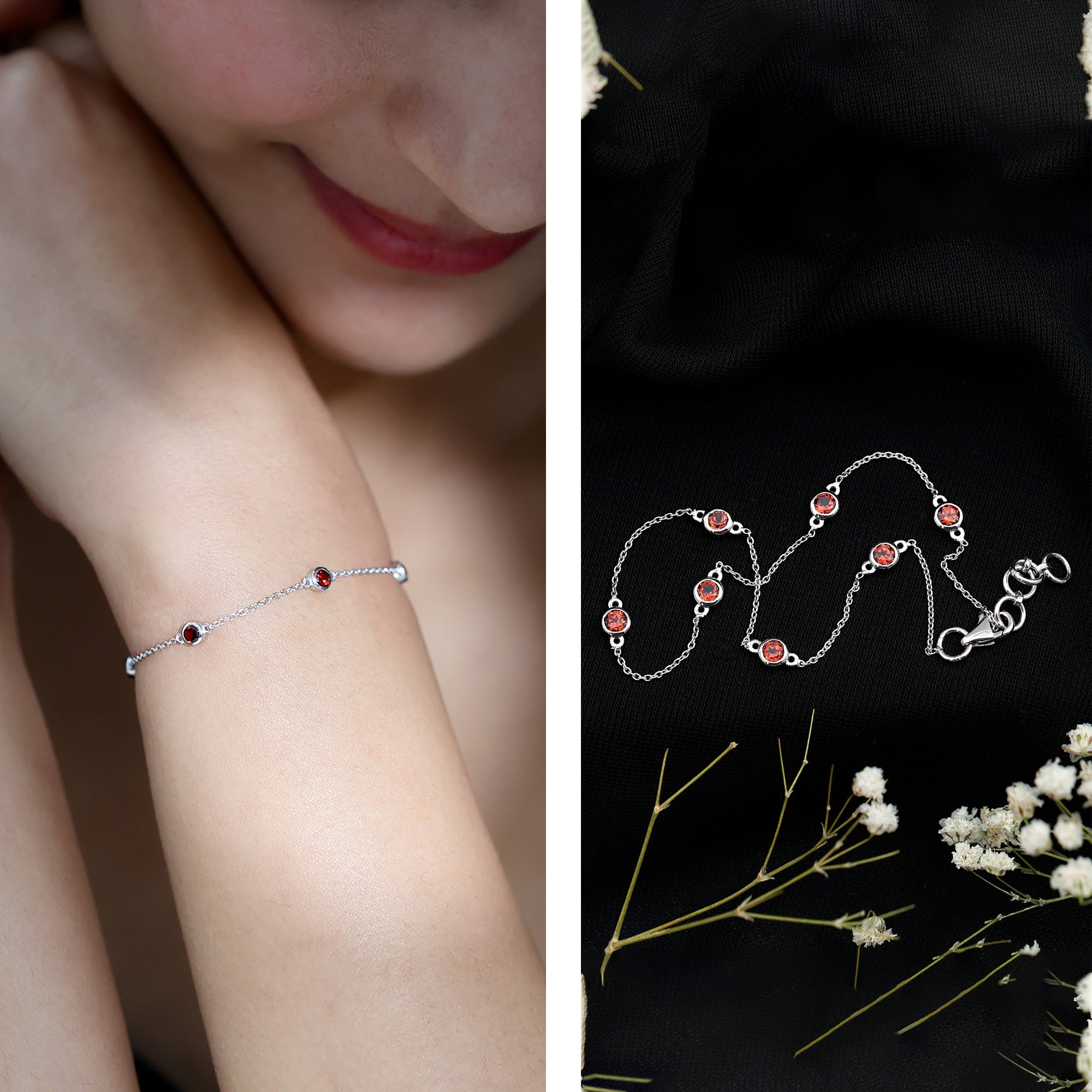 Garnet Station Bracelet - Bezel Set Seven Stone Minimalist Chain Jewelry Gift