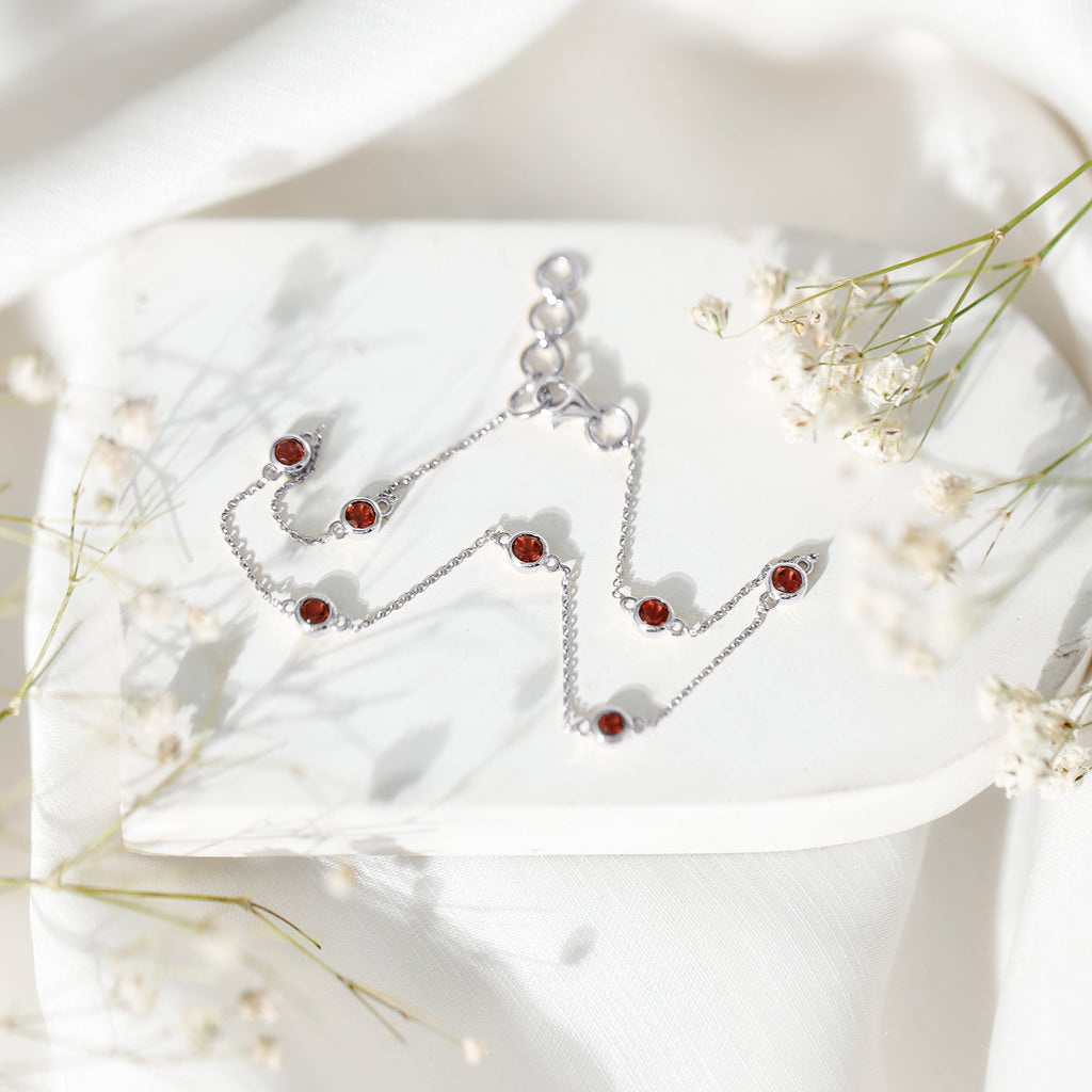 Garnet Station Bracelet - Bezel Set Seven Stone Minimalist Chain Jewelry Gift