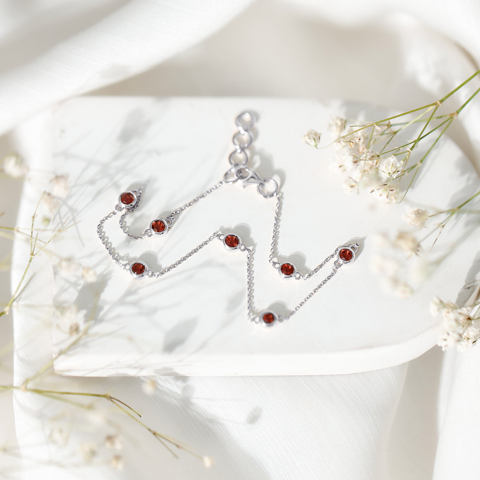 Garnet Station Bracelet - Bezel Set Seven Stone Minimalist Chain Jewelry Gift