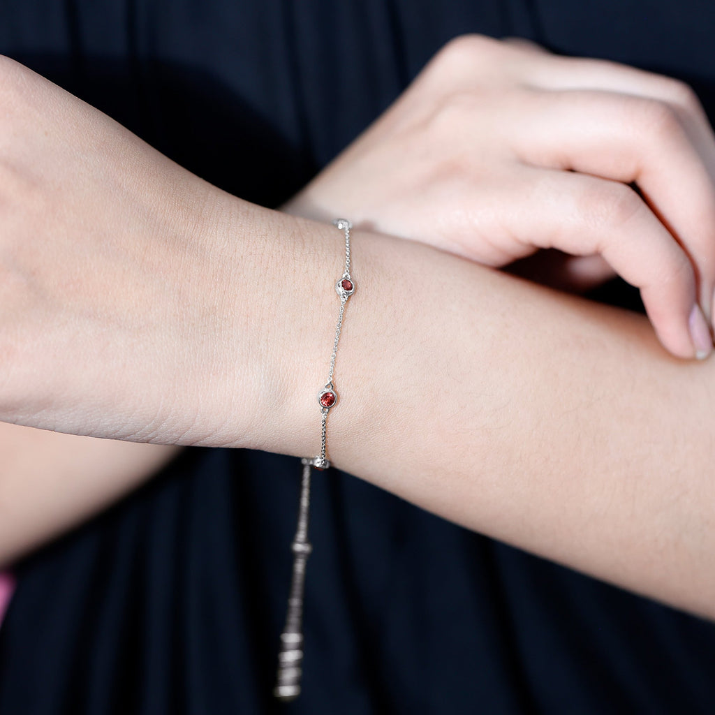 Garnet Station Bracelet - Bezel Set Seven Stone Minimalist Chain Jewelry Gift