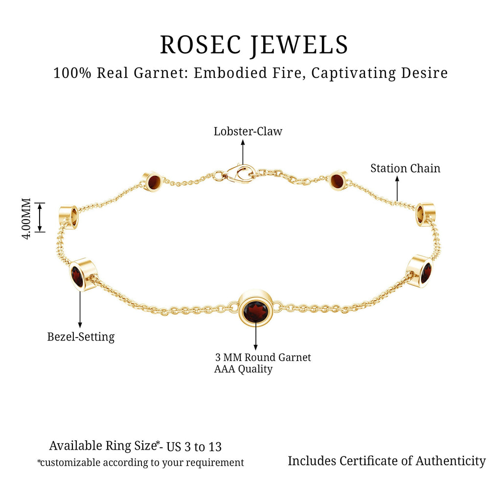 Garnet Station Bracelet - Bezel Set Seven Stone Minimalist Chain Jewelry Gift