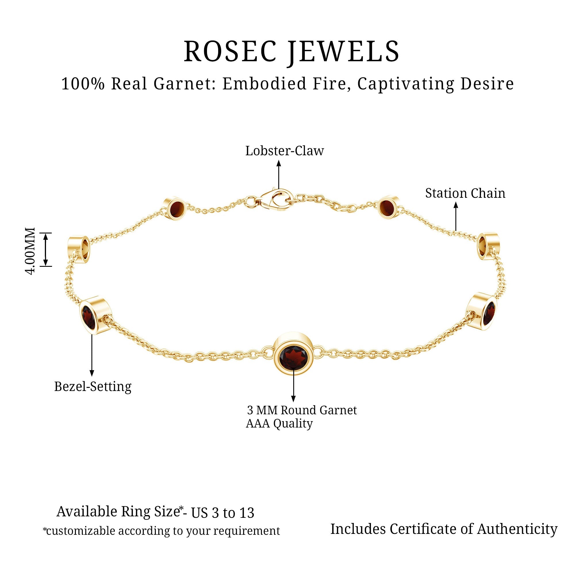 Garnet Station Bracelet - Bezel Set Seven Stone Minimalist Chain Jewelry Gift