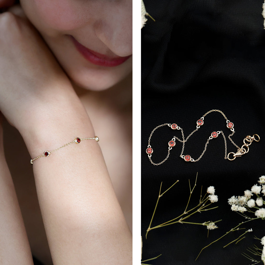 Garnet Station Bracelet - Bezel Set Seven Stone Minimalist Chain Jewelry Gift