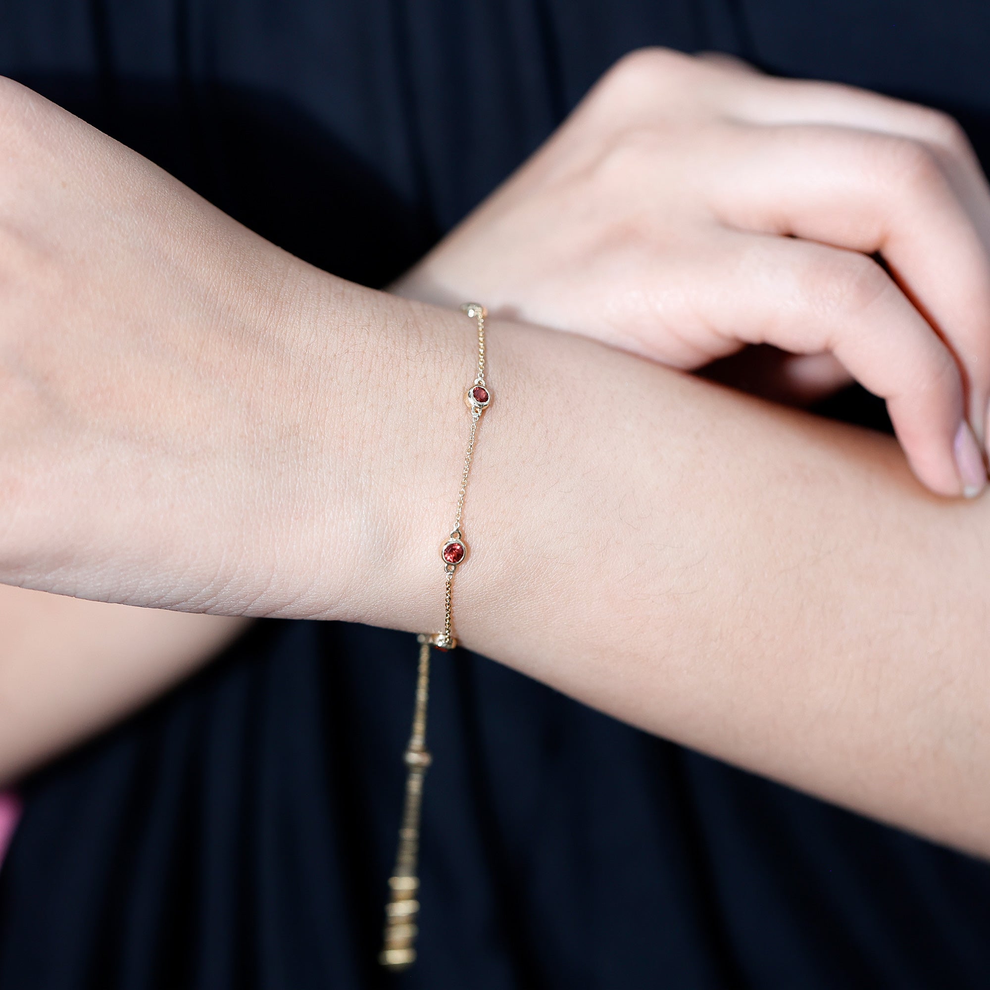 Garnet Station Bracelet - Bezel Set Seven Stone Minimalist Chain Jewelry Gift