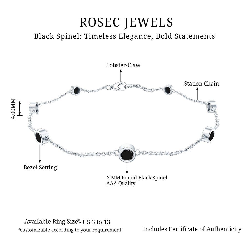 Black Spinel Bracelet – Natural 7 Stone Station Chain With Bezel Setting