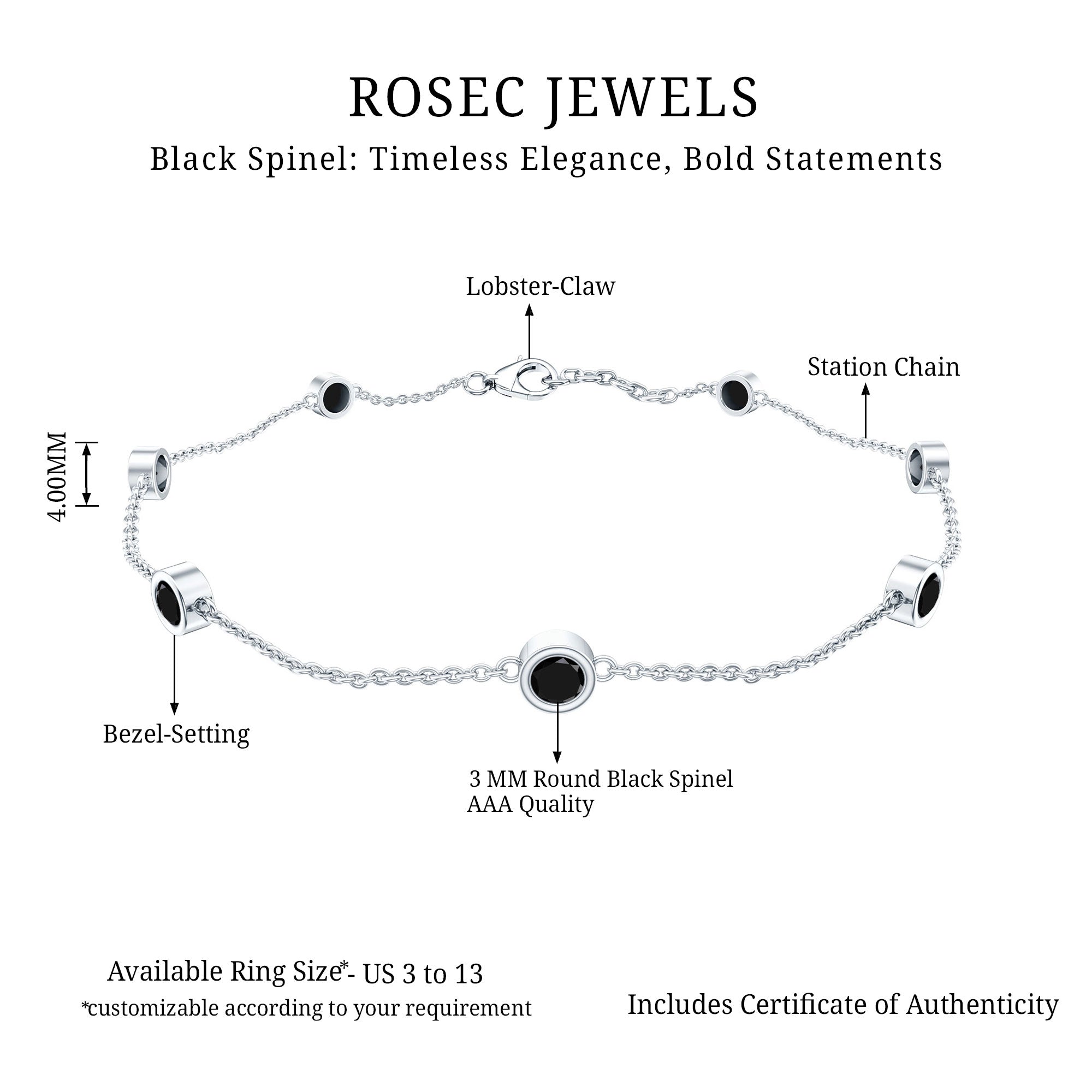Black Spinel Bracelet – Natural 7 Stone Station Chain With Bezel Setting