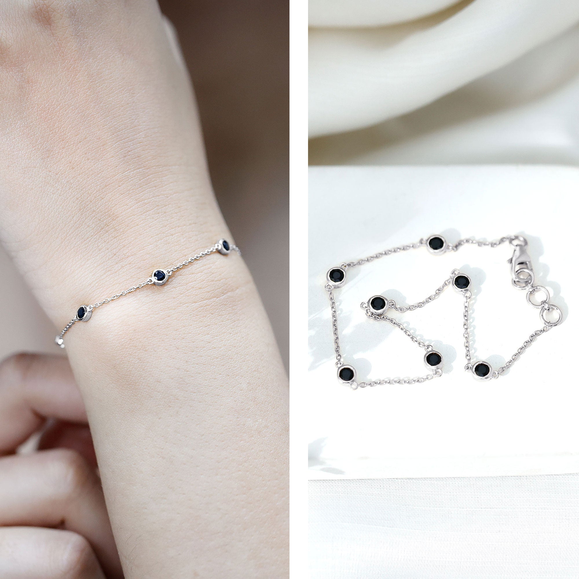 Black Spinel Bracelet – Natural 7 Stone Station Chain With Bezel Setting