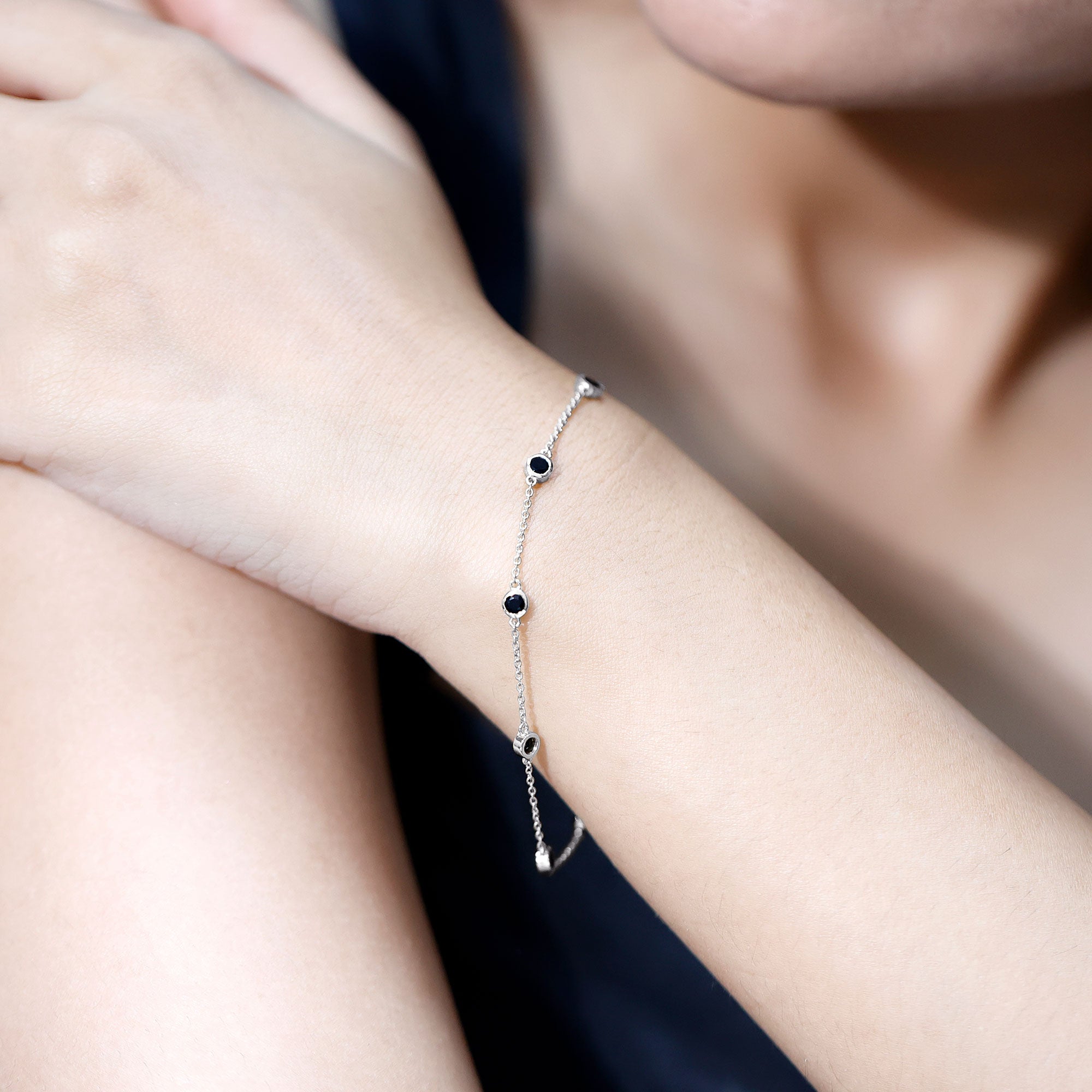 Black Spinel Bracelet – Natural 7 Stone Station Chain With Bezel Setting