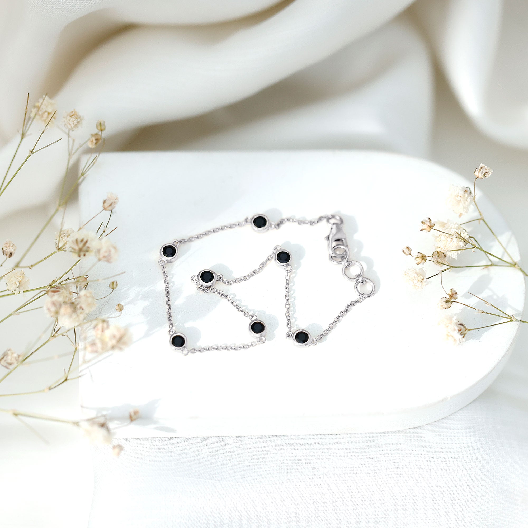 Black Spinel Bracelet – Natural 7 Stone Station Chain With Bezel Setting