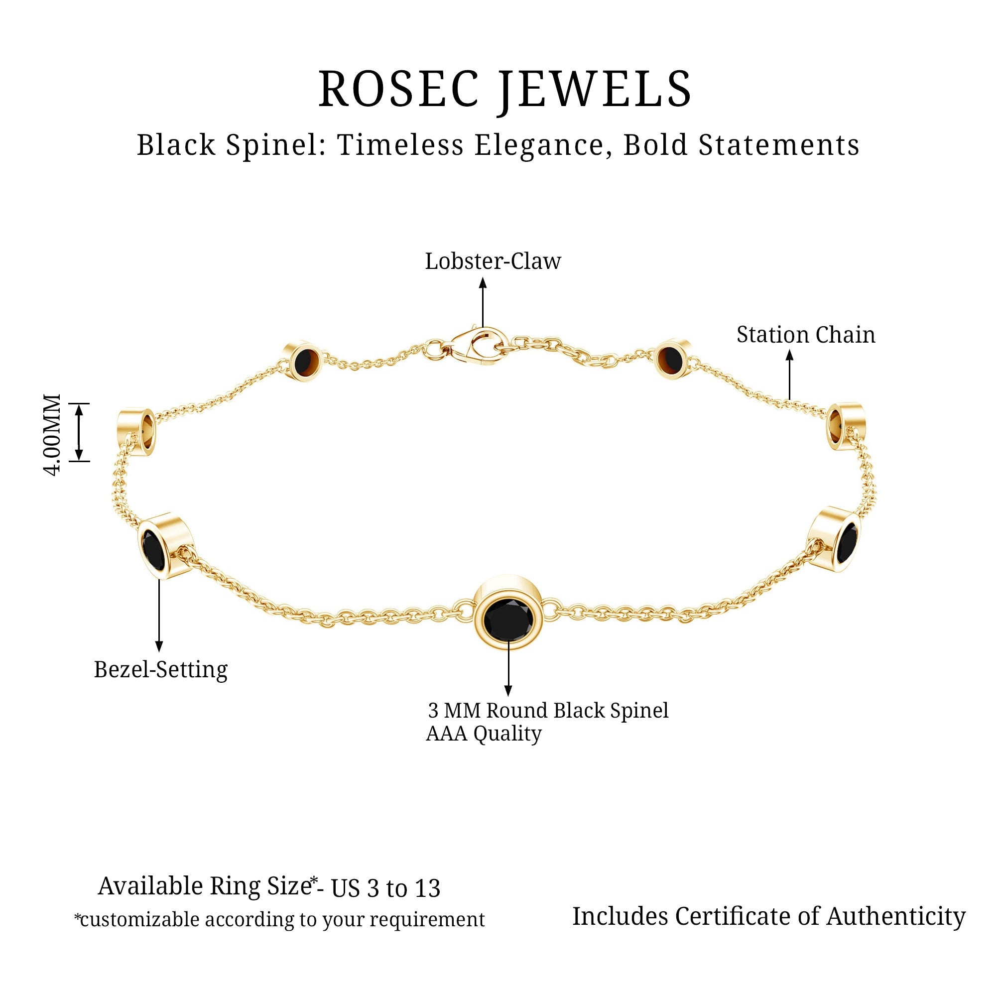 Black Spinel Bracelet – Natural 7 Stone Station Chain With Bezel Setting