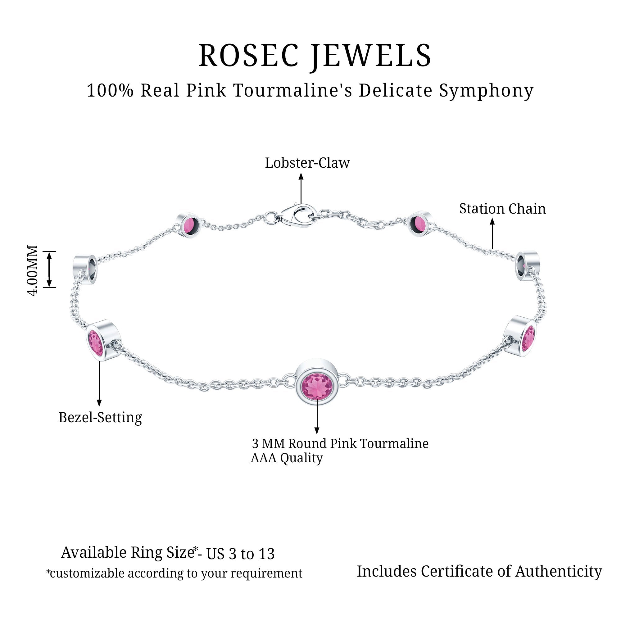 Pink Tourmaline Bracelet – Station Chain Bezel Setting | AAA Quality Jewelry