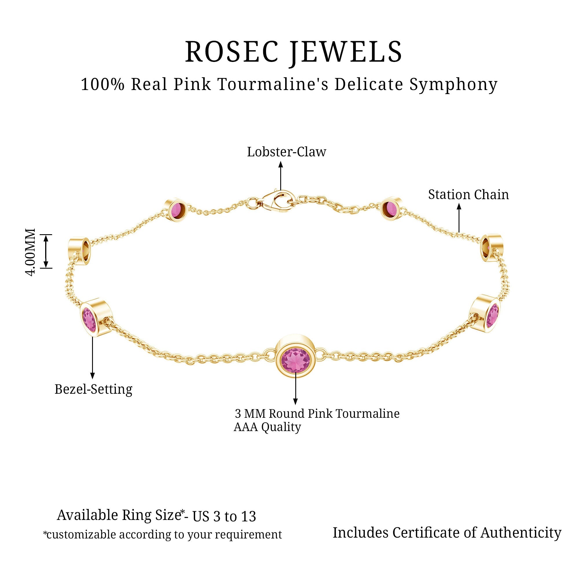 Pink Tourmaline Bracelet – Station Chain Bezel Setting | AAA Quality Jewelry