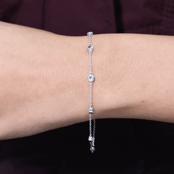 Aquamarine Station Bracelet – Bezel Set Round Cut Blue Stone Chain for Women