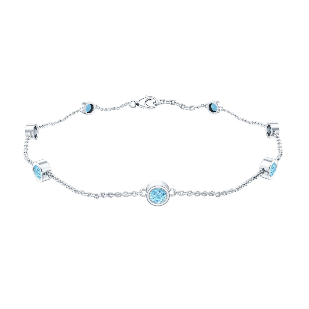 Aquamarine Station Bracelet – Bezel Set Round Cut Blue Stone Chain for Women