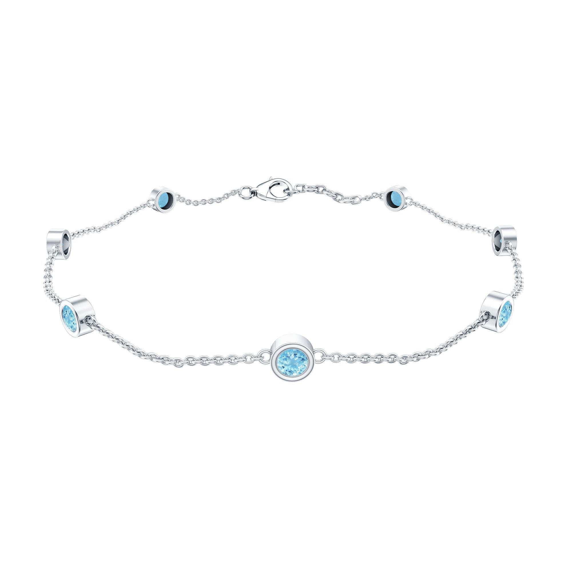 Aquamarine Station Bracelet – Bezel Set Round Cut Blue Stone Chain for Women