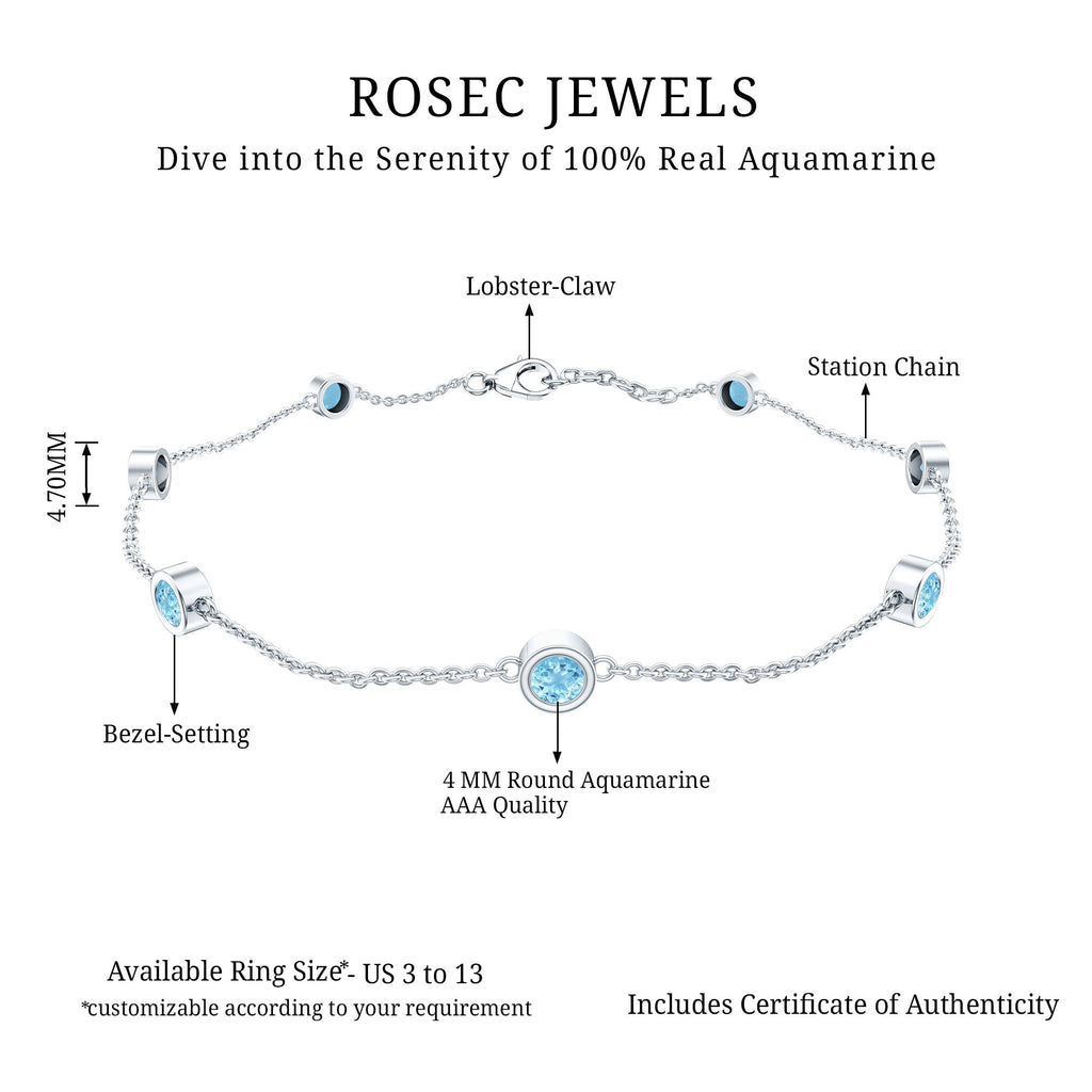 Aquamarine Station Bracelet – Bezel Set Round Cut Blue Stone Chain for Women
