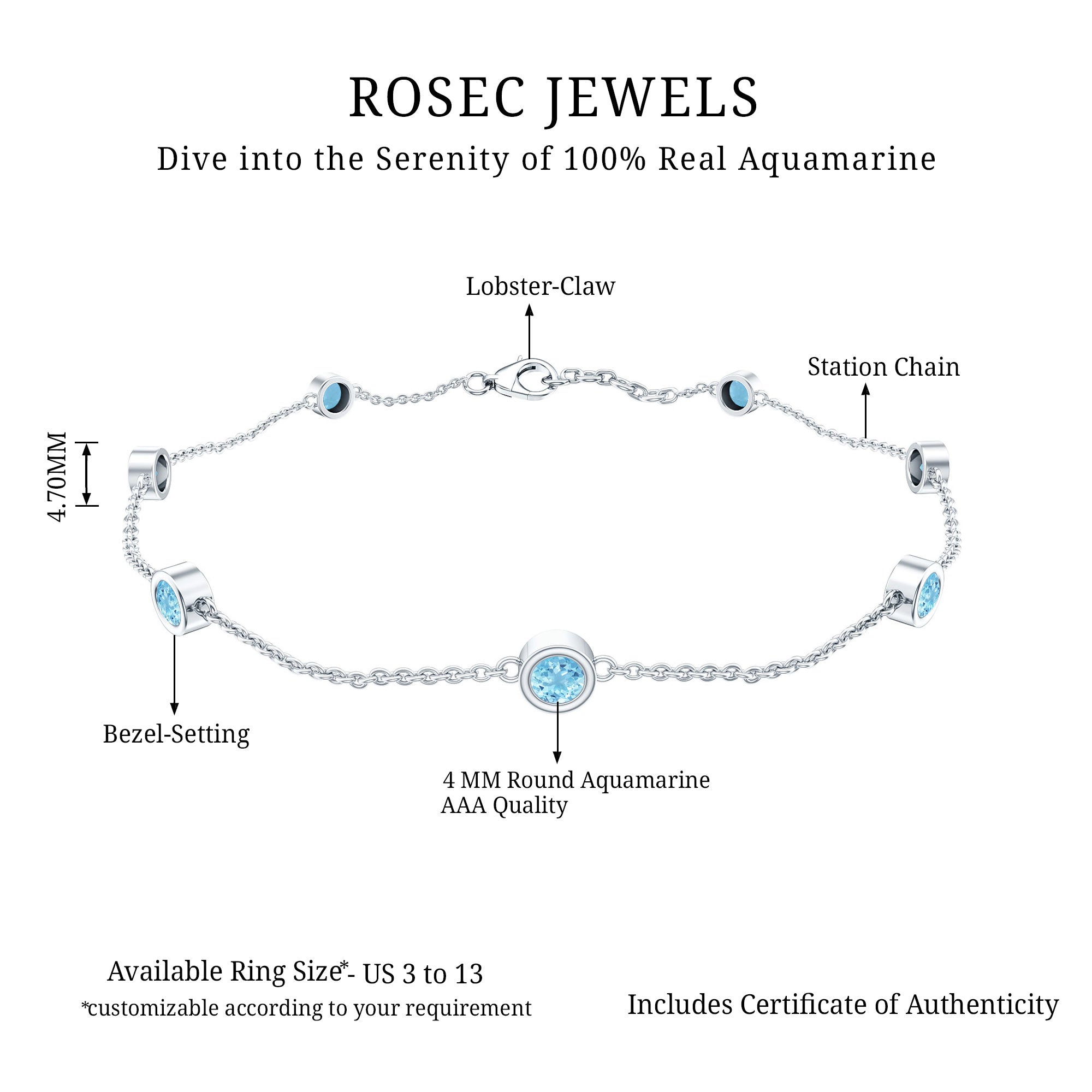 Aquamarine Station Bracelet – Bezel Set Round Cut Blue Stone Chain for Women