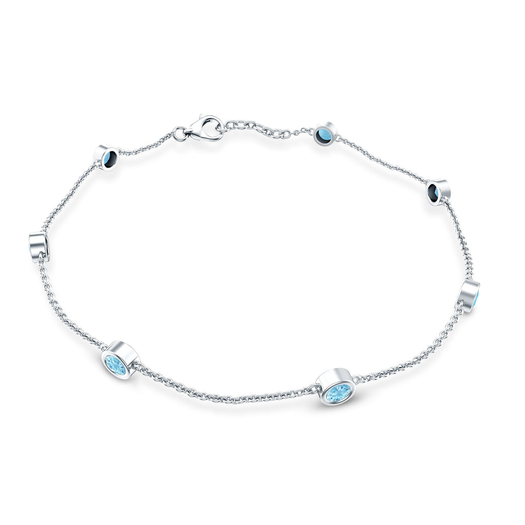 Aquamarine Station Bracelet – Bezel Set Round Cut Blue Stone Chain for Women