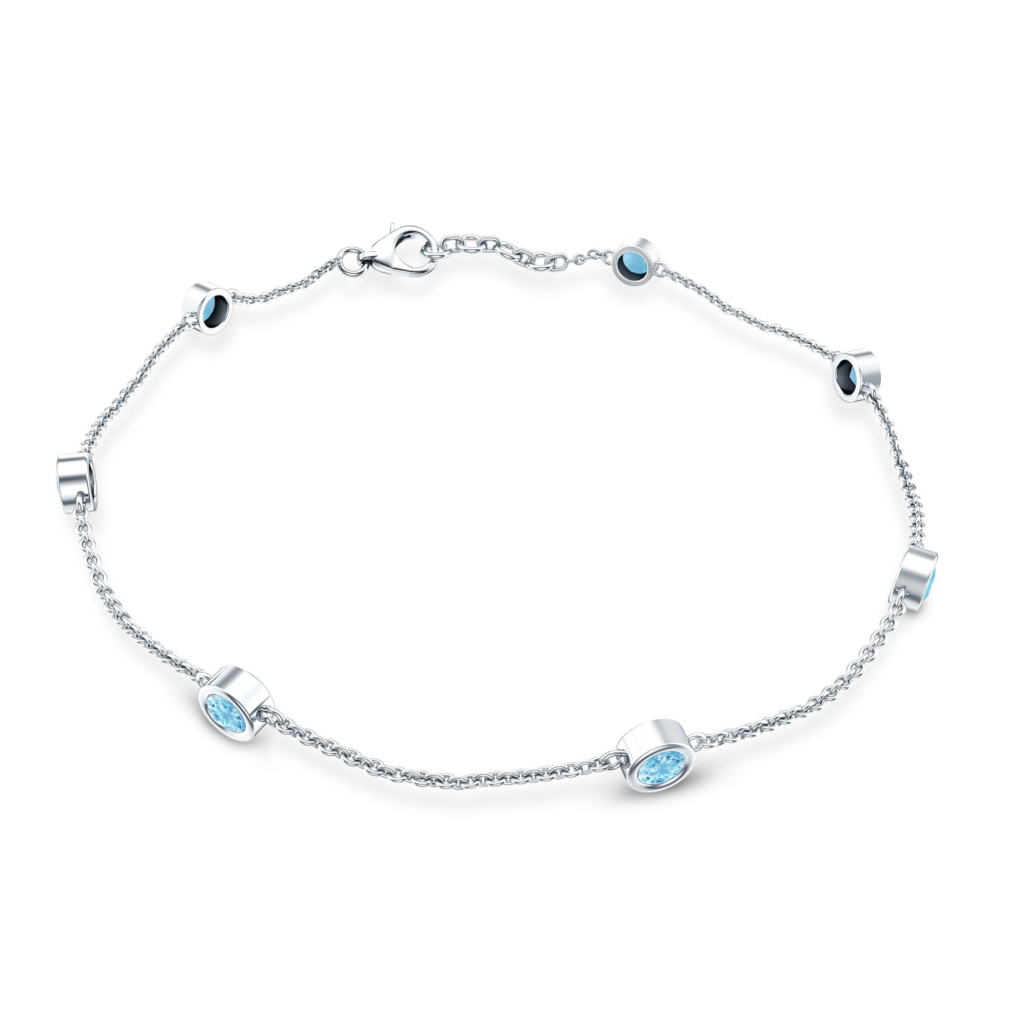 Aquamarine Station Bracelet – Bezel Set Round Cut Blue Stone Chain for Women