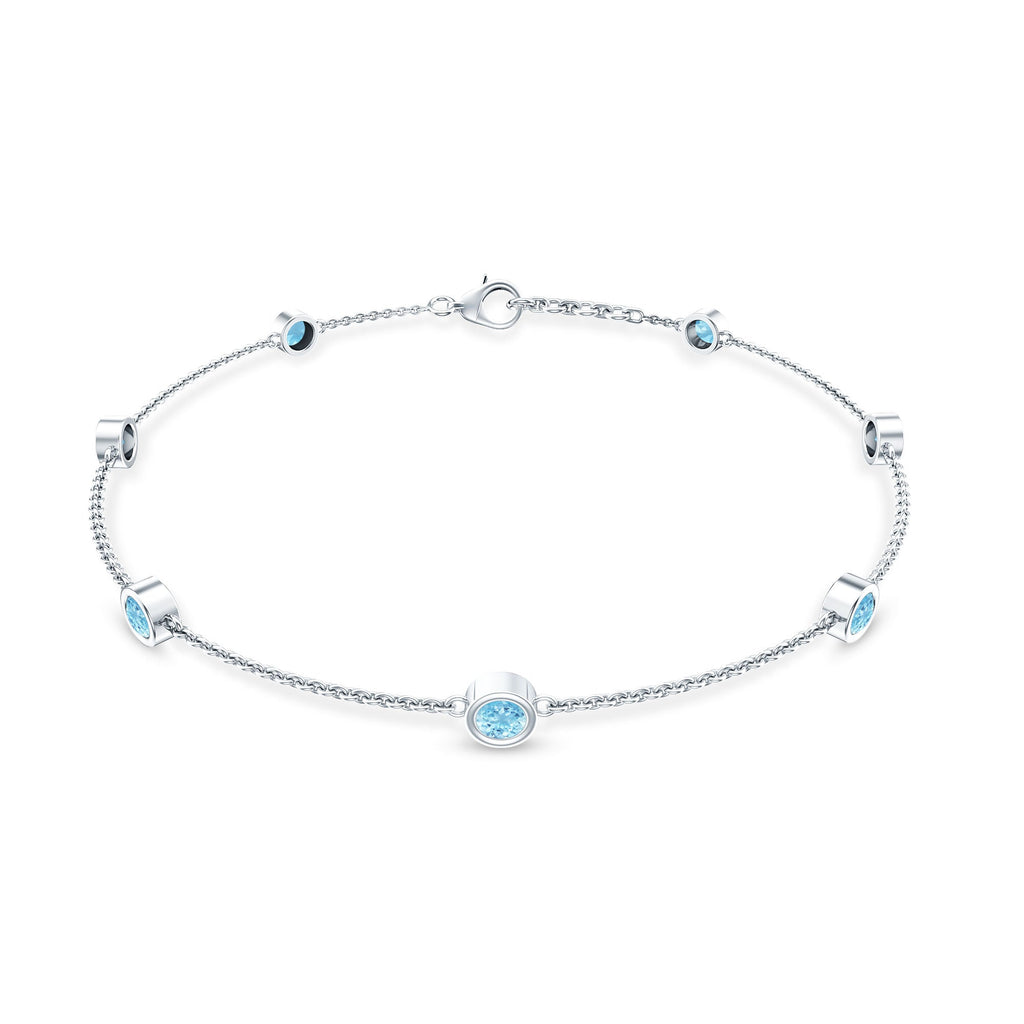 Aquamarine Station Bracelet – Bezel Set Round Cut Blue Stone Chain for Women