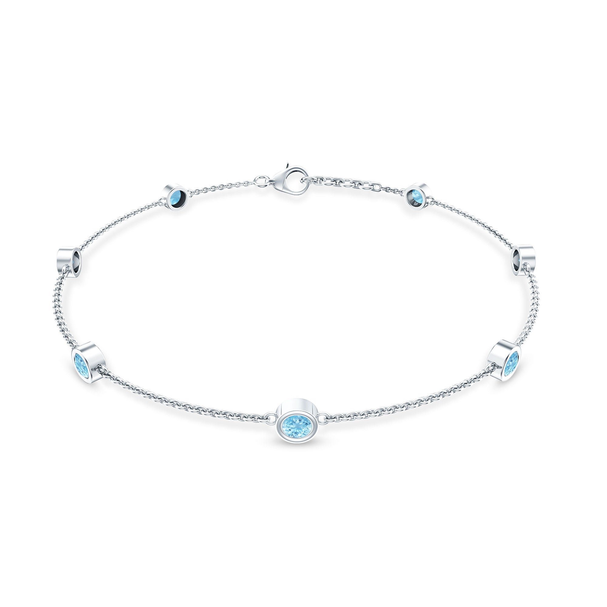 Aquamarine Station Bracelet – Bezel Set Round Cut Blue Stone Chain for Women