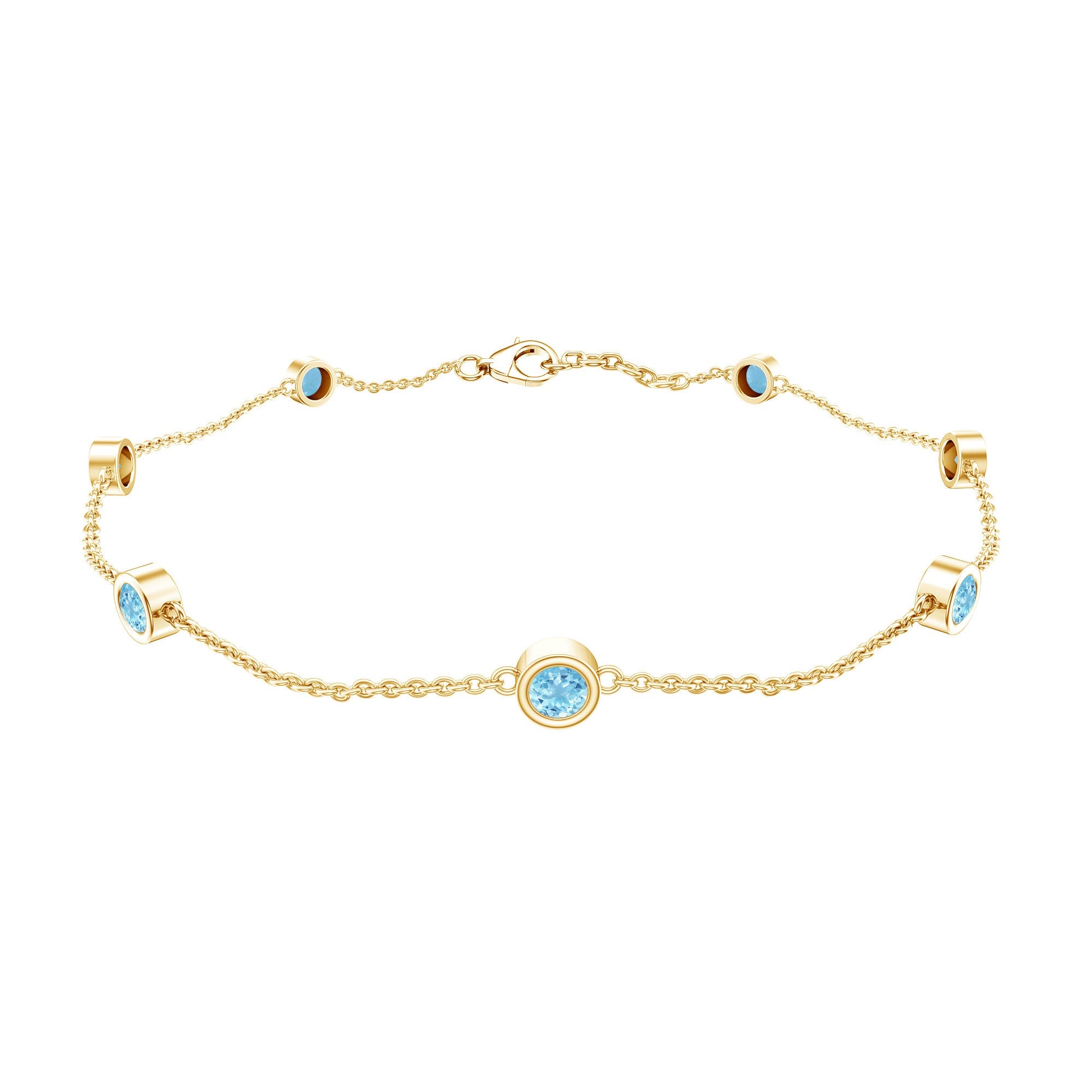 Aquamarine Station Bracelet – Bezel Set Round Cut Blue Stone Chain for Women